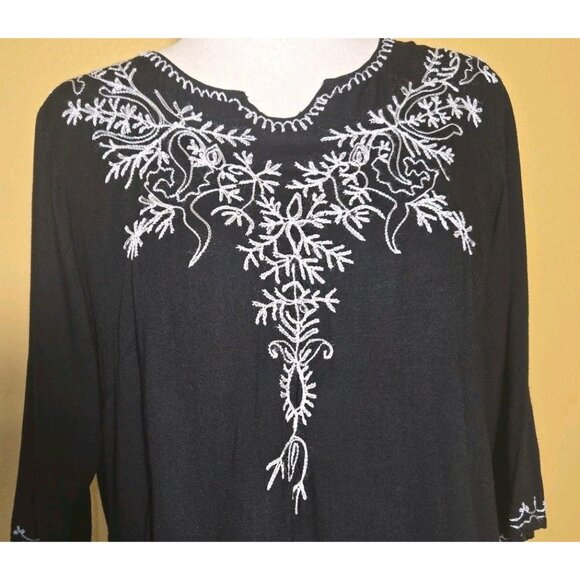 Pink Cattlelac Womens Black White Floral Embroidered 3/4 Sleeve Tunic Rayon We S - Picture 2 of 9